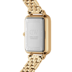 Back view of Daniel Wellington Quadro Roman Numerals 5-Link Gold watch showing stainless steel case and gold bracelet strap.