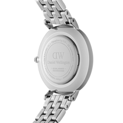 Back view of Petite Roman Numerals 5-Link Silver watch, engraved stainless steel case and linked bracelet by Daniel Wellington.