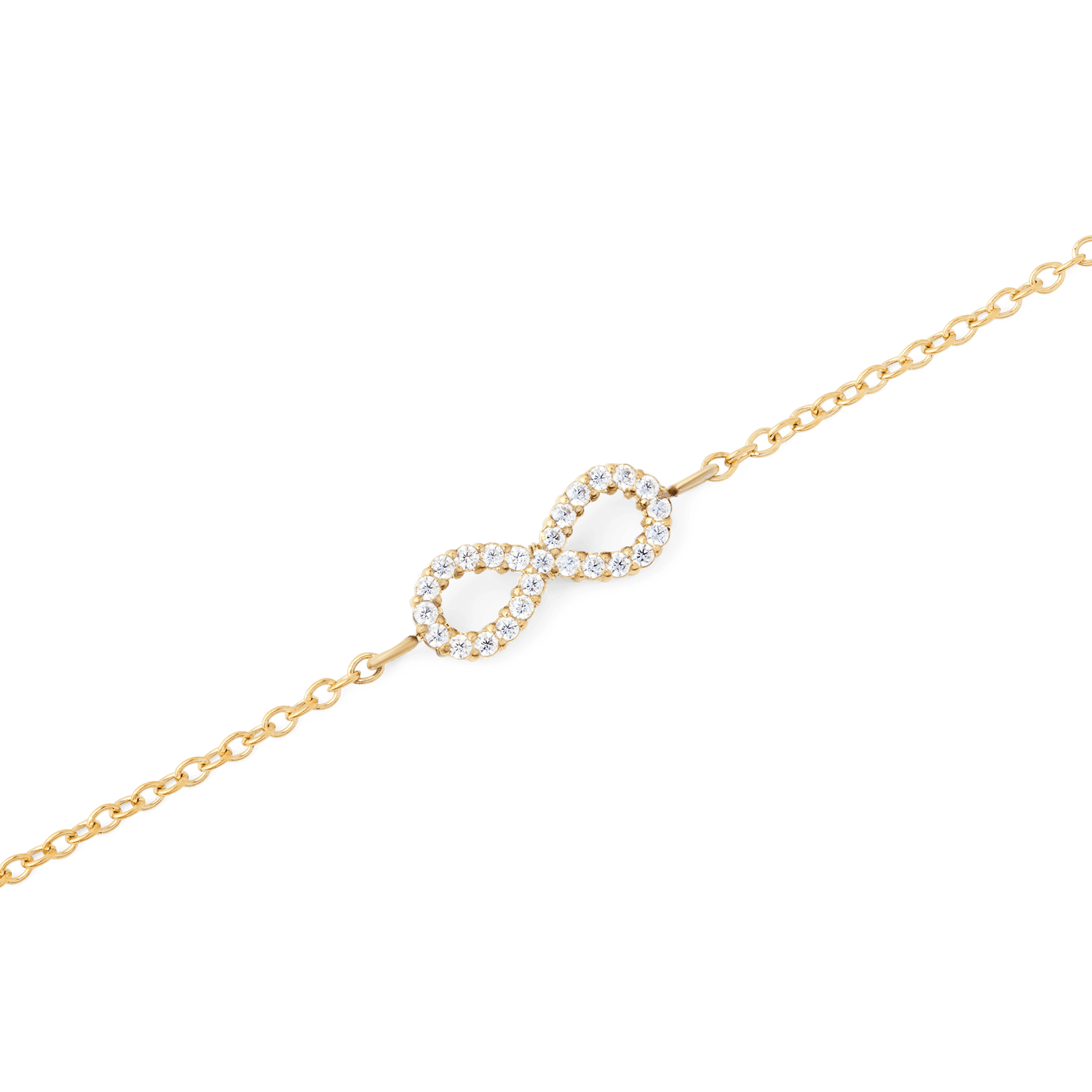 Close-up of the Mirelle Infinity Bracelet Gold, showcasing a delicate gold chain and a sparkling infinity symbol set with white cubic zirconia crystals.