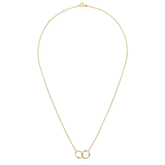 Classic Lumine Unity Gold necklace with a fine adjustable gold chain and two interlocking polished circles as the centrepiece.