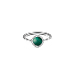 Silver ring with round green malachite centrepiece, haloed by white cubic zirconia, on a slim stainless steel band.
