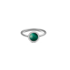 Silver ring with round green malachite centrepiece, haloed by white cubic zirconia, on a slim stainless steel band.