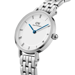 Petite Roman Numerals 5-Link Silver watch with white dial, blue hands, and polished stainless steel bracelet by Daniel Wellington.