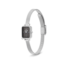 Quadro Mini Crystal Zodiac Sterling Set featuring a rectangular black mother of pearl dial, crystal-set bezel, and an adjustable silver mesh strap with a secure clasp, offering a refined and modern look.