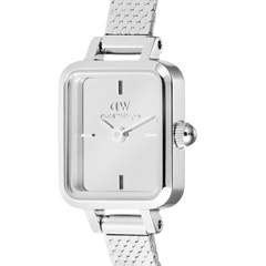 Close-up of Quadro Mini Reflection Silver watch featuring a rectangular mirror dial and polished stainless steel mesh strap.