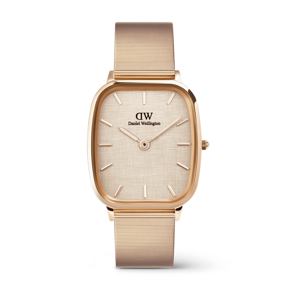Daniel Wellington Marlon Wire Linen Rose Gold watch featuring a cushion-shaped rose gold case, linen-textured dial, minimalist hour markers, and a matching wire mesh strap.