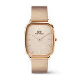 Daniel Wellington Marlon Wire Linen Rose Gold watch featuring a cushion-shaped rose gold case, linen-textured dial, minimalist hour markers, and a matching wire mesh strap.