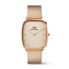 Daniel Wellington Marlon Wire Linen Rose Gold watch featuring a cushion-shaped rose gold case, linen-textured dial, minimalist hour markers, and a matching wire mesh strap.