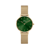 Petite Emerald Gold women’s watch with emerald green sunray dial and gold mesh strap, elegant minimalist style.