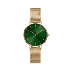 Petite Emerald Gold women’s watch with emerald green sunray dial and gold mesh strap, elegant minimalist style.