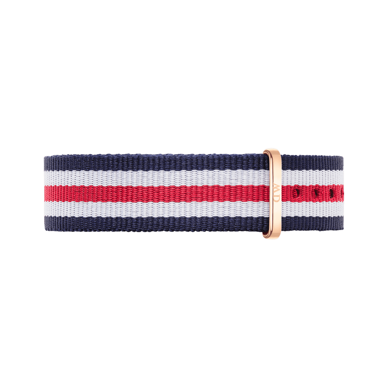 Striped navy blue, white, and red NATO watch strap with a polished rose gold buckle, designed for Daniel Wellington watches and crafted from durable polyester fabric.