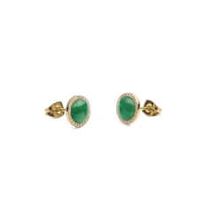 Audrey Earrings Jade Gold featuring oval green jade centrepieces, each surrounded by a halo of white cubic zirconia crystals and set in a polished gold finish with secure stud fastenings.