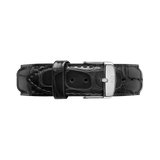 Black croc embossed leather watch strap with a polished silver buckle and subtle engraved branding, designed to add a touch of classic elegance to any timepiece.