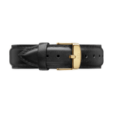 Genuine black leather watch strap with detailed stitching and a gold-tone buckle, offering a sophisticated and classic upgrade for any compatible timepiece.