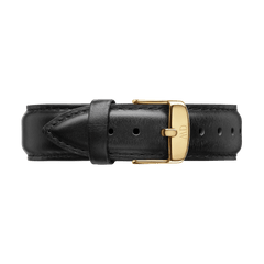 Genuine black leather watch strap with detailed stitching and a gold-tone buckle, offering a sophisticated and classic upgrade for any compatible timepiece.