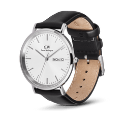 Classic Day Display Sheffield Silver watch featuring a brushed stainless steel case, white textured dial with day and date display, and a black genuine leather strap with pin buckle closure.