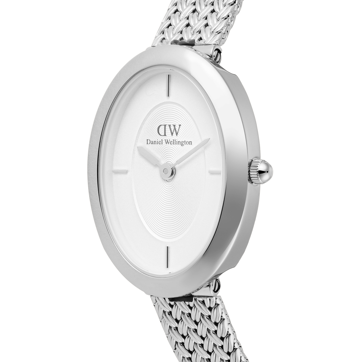 Close-up of the Juliette Braided Mesh White Sunray Silver watch, showcasing its polished oval silver case, minimalist white sunray dial, and intricately woven stainless steel mesh strap.