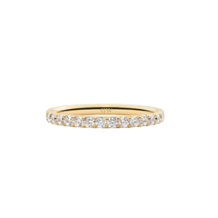 Mirelle Eternity Ring Gold 2mm featuring a slim gold band set with a row of white cubic zirconia crystals, offering a minimalist and elegant look ideal for stacking or wearing alone.