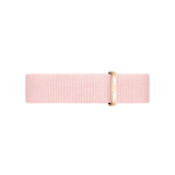 Light pink NATO watch strap in recycled polyester, featuring an adjustable rose gold buckle and a slim, minimalist design.
