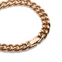 Detailed view of the Chunky Chain Bracelet Rose Gold, featuring polished rose gold-plated stainless steel links and a branded fold-over clasp.