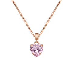 Rose gold necklace featuring a heart-shaped pink cubic zirconia charm in a claw setting, designed to add a romantic and elegant touch to any jewellery collection. The delicate chain and sparkling pink crystal create a refined look, perfect for layering or wearing on its own.