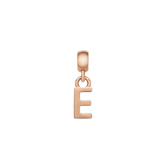 Rose gold letter E charm with a minimalist, polished design, crafted from stainless steel and featuring a secure anti-slip silicone lining for easy styling on bracelets or necklaces.