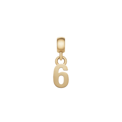 Number 6 gold charm with a polished, modern finish, crafted from stainless steel with PVD gold plating and designed to fit bracelets or necklaces securely.