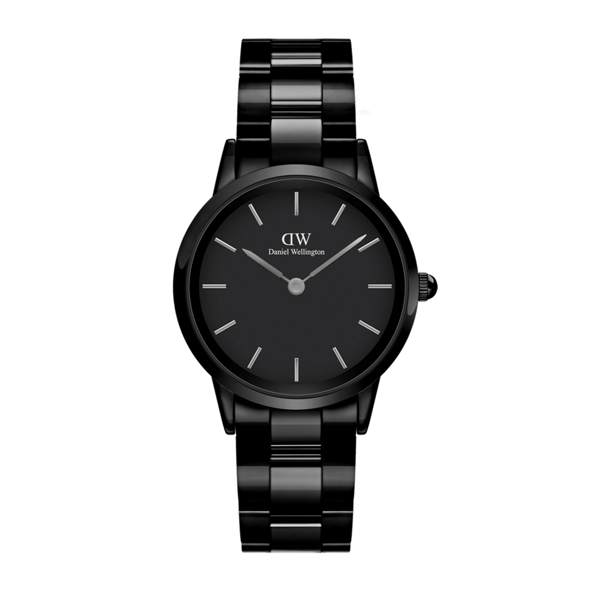 Black ceramic Daniel Wellington watch featuring a polished link bracelet, minimalist black dial, and silver-tone hour markers and hands.