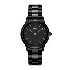 Black ceramic Daniel Wellington watch featuring a polished link bracelet, minimalist black dial, and silver-tone hour markers and hands.