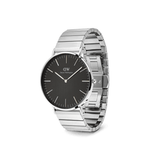 Classic Piano Link Onyx Silver watch with a brushed black dial, minimalist markers, and a polished silver piano link strap in a three-quarter angled view.