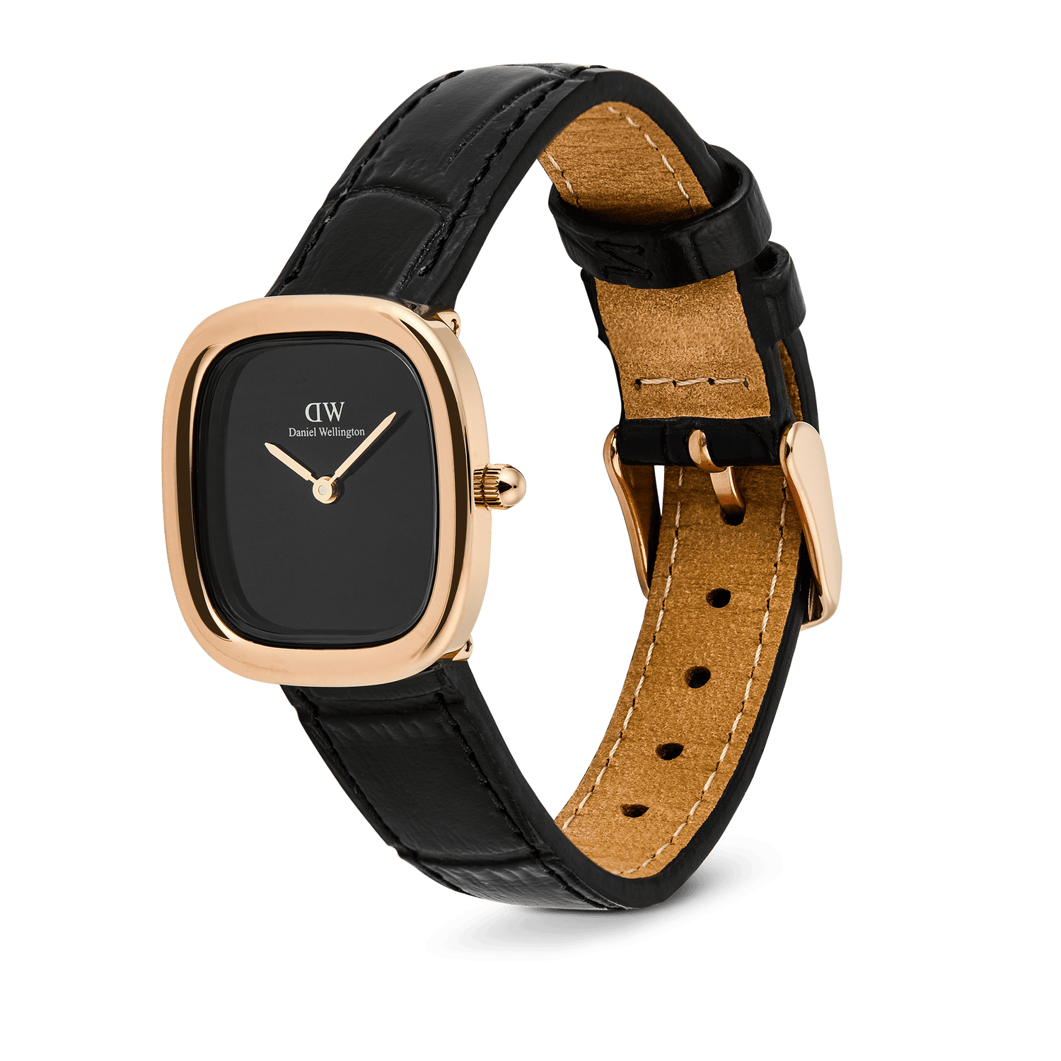 Daniel Wellington Margot Reading Onyx Ceramic Rose Gold watch with a square rose gold case, minimalist black onyx ceramic dial, and a genuine black croc leather strap with pin buckle closure. The sleek design highlights its elegant silhouette and refined detailing.