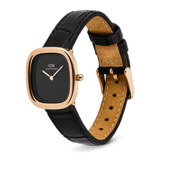 Daniel Wellington Margot Reading Onyx Ceramic Rose Gold watch with a square rose gold case, minimalist black onyx ceramic dial, and a genuine black croc leather strap with pin buckle closure. The sleek design highlights its elegant silhouette and refined detailing.