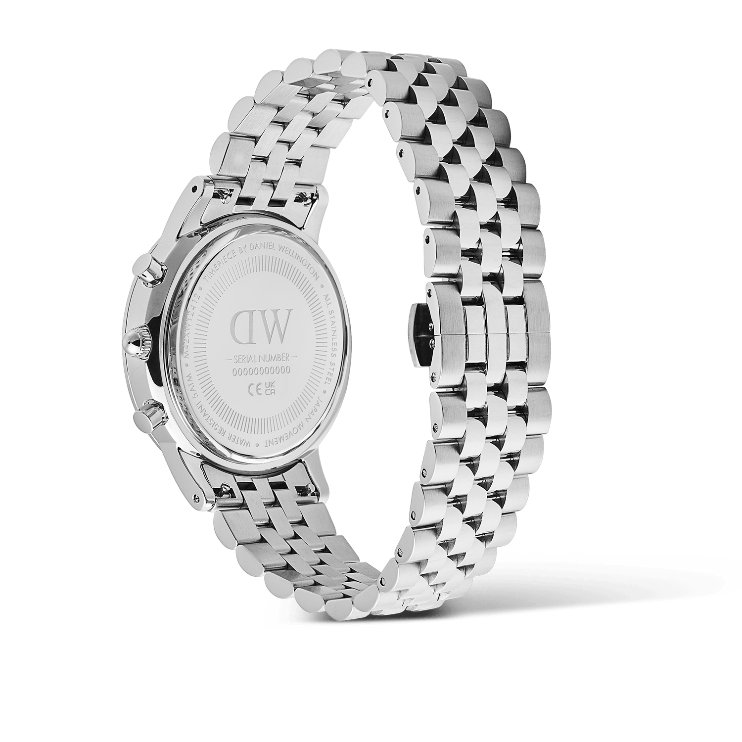 Rear view of the Daniel Wellington Iconic Chronograph Arch 5-Link Off-White Panda Silver watch, highlighting the engraved case back and polished stainless steel Jubilee bracelet.