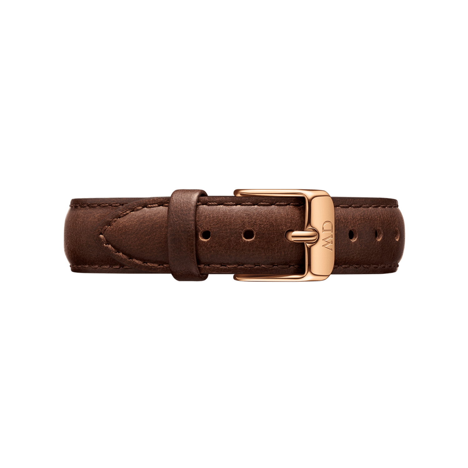 Genuine dark brown leather watch strap with neat stitching and a rose gold buckle featuring the Daniel Wellington logo, offering a classic and versatile accessory for any timepiece.