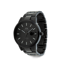 Daniel Wellington Iconic Link Automatic Black watch with a polished black stainless steel bracelet, minimalist enamel dial, and magnified date window.