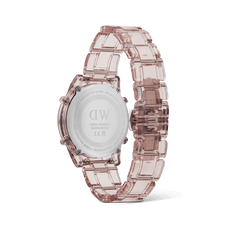 Back view of the Retro Digital Dark Pink watch showing the engraved stainless steel caseback and transparent pastel pink bio-based plastic strap with link design.