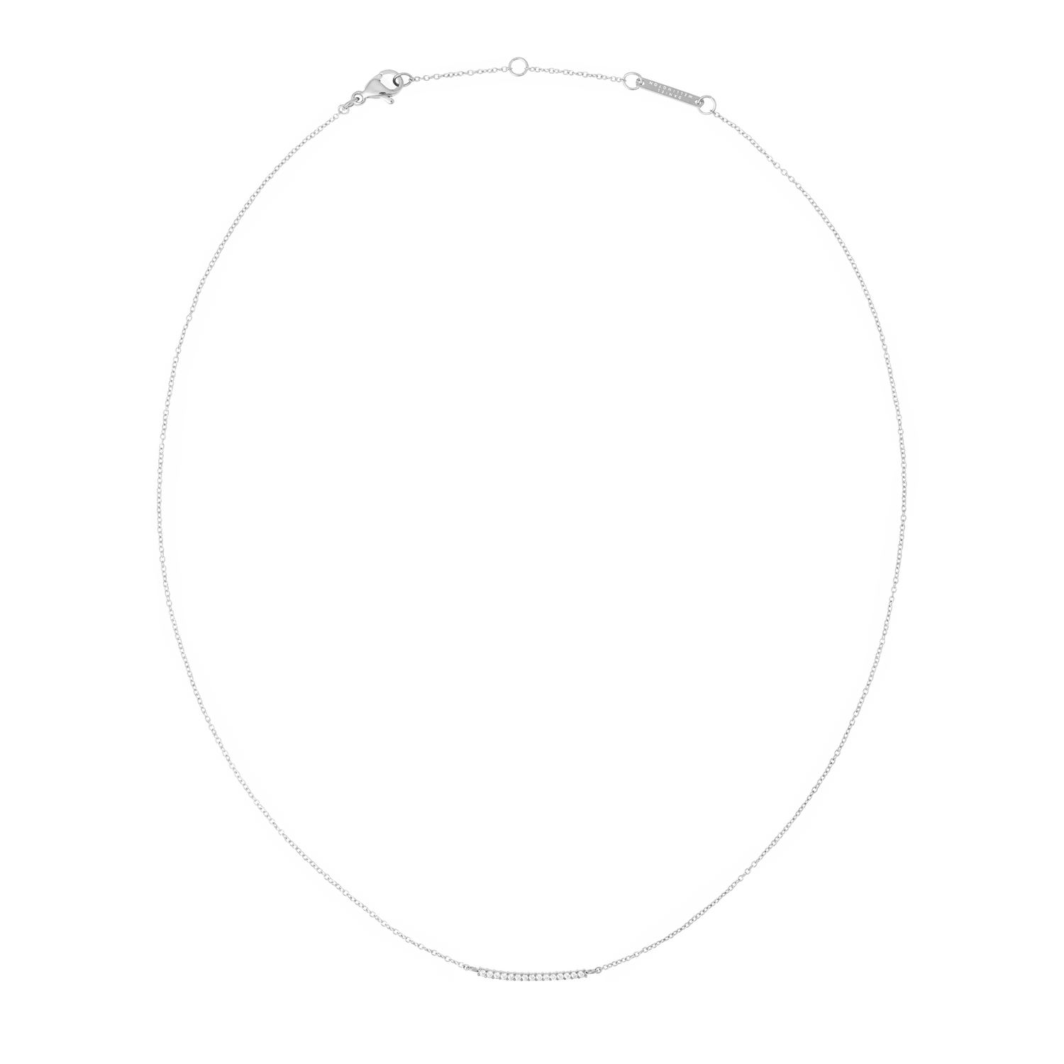 Slim silver necklace featuring a delicate bar set with white cubic zirconia crystals on a fine adjustable chain, showcasing minimalist elegance and subtle sparkle.