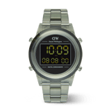 Retro Digital Dark Green watch featuring a transparent dark green link strap, round case, and black digital display with dual time and chronograph functions.
