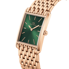 Bound 9-Link Emerald Sunray women’s watch with a rectangular rose gold case, emerald green sunray dial, and a polished 9-link bracelet.