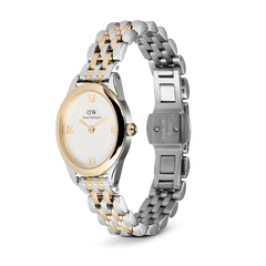 Ophelia Mini Two Tone Gold women’s watch with oval gold-silver case, 5-link bracelet, and Roman numeral sunray dial.