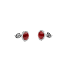 Audrey Earrings in red agate and silver with cubic zirconia halo, elegant stud design, perfect for everyday or special occasions.