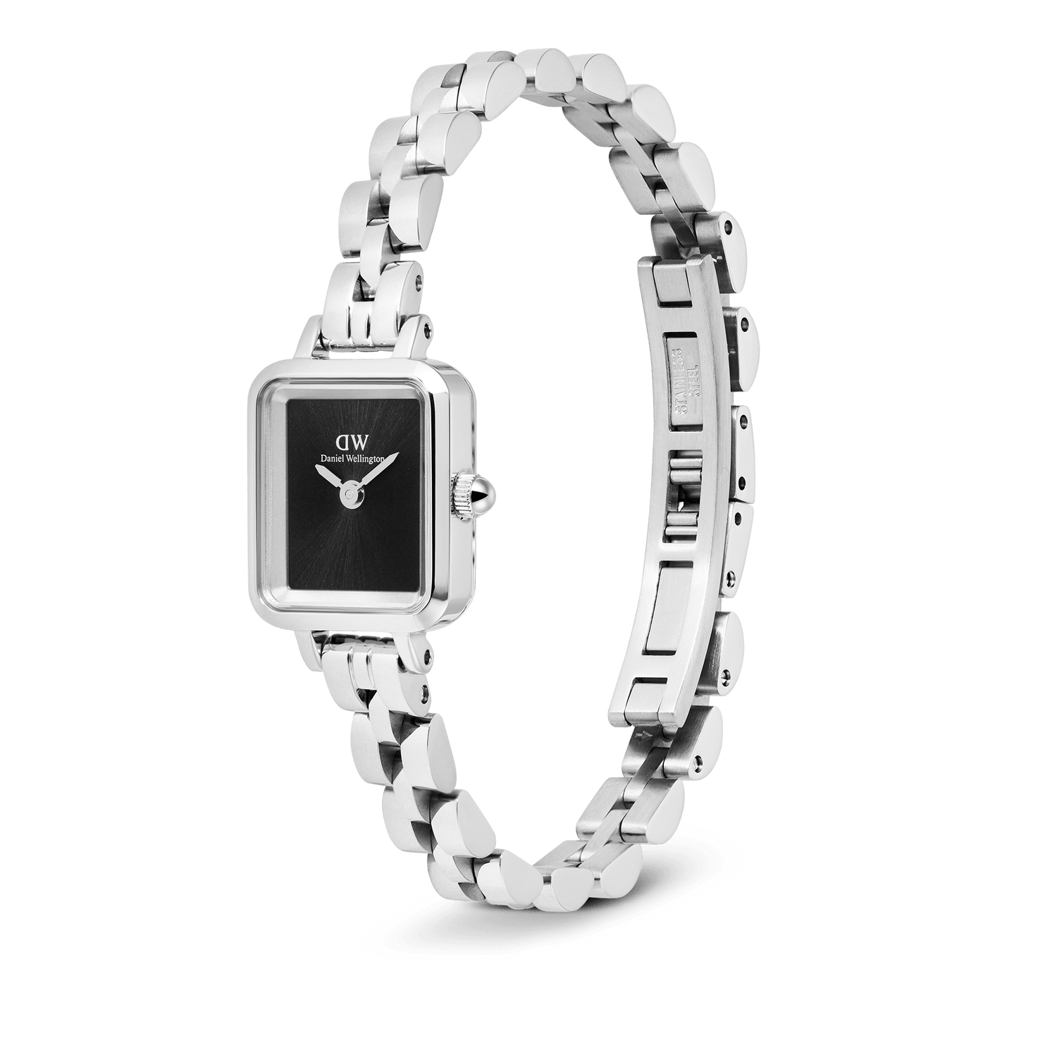 Quadro Mini Arch 3-link Onyx Sunray Silver watch with a rectangular black sunray dial, polished stainless steel three-link bracelet, and an open butterfly clasp, shown at an angle to highlight its elegant design.