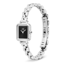 Quadro Mini Arch 3-link Onyx Sunray Silver watch with a rectangular black sunray dial, polished stainless steel three-link bracelet, and an open butterfly clasp, shown at an angle to highlight its elegant design.