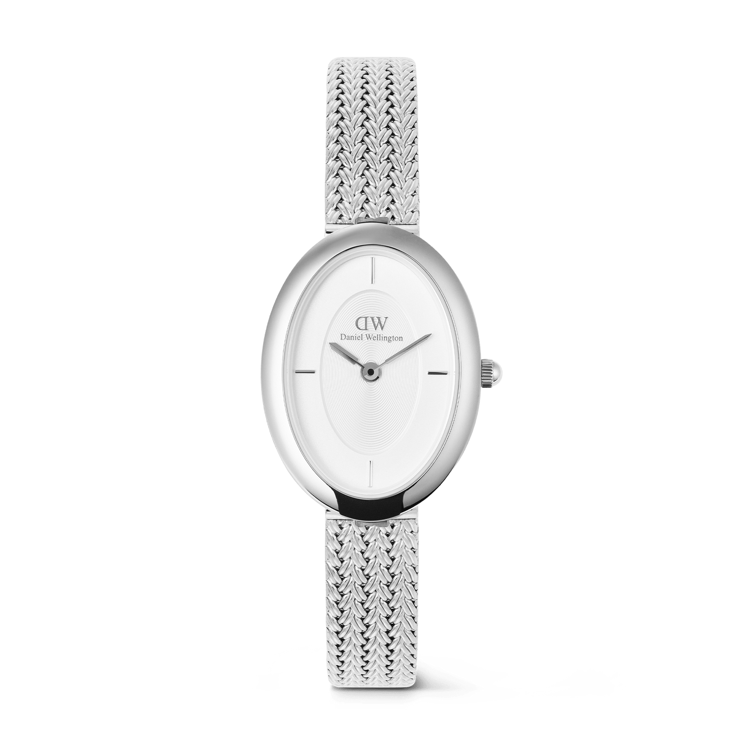 Elegant women's watch featuring an oval silver case, polished white sunray dial with minimalist indices, and a braided stainless steel mesh strap for a refined, contemporary look.