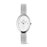 Elegant women's watch featuring an oval silver case, polished white sunray dial with minimalist indices, and a braided stainless steel mesh strap for a refined, contemporary look.