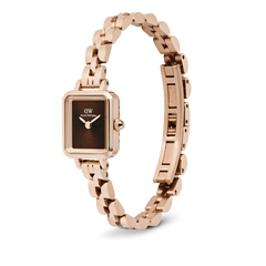 Quadro Mini Arch 3-link Amber Sunray Rose Gold watch featuring a rectangular rose gold case, warm amber sunray dial, and an open three-link bracelet with a butterfly clasp.