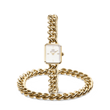 Gold Jolie Chain & Chunky Chain Bracelet Set featuring a square-faced watch with a polished white dial and bold gold chain links, paired with a matching chunky gold bracelet, both styled together for a modern, sophisticated look.