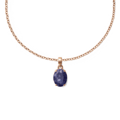 Rose gold necklace featuring an oval blue spot semi-precious stone charm with natural veining, set in a polished rose gold stainless steel pendant.