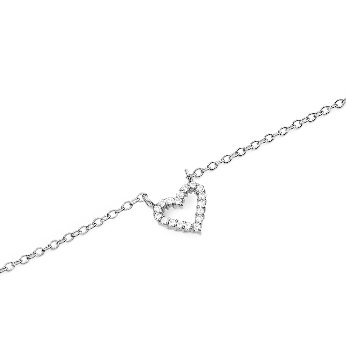 Close-up of the Mirelle Heart Necklace Silver, showcasing a fine silver chain with an open heart pendant set with sparkling white cubic zirconia crystals.