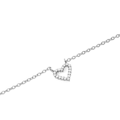 Close-up of the Mirelle Heart Necklace Silver, showcasing a fine silver chain with an open heart pendant set with sparkling white cubic zirconia crystals.